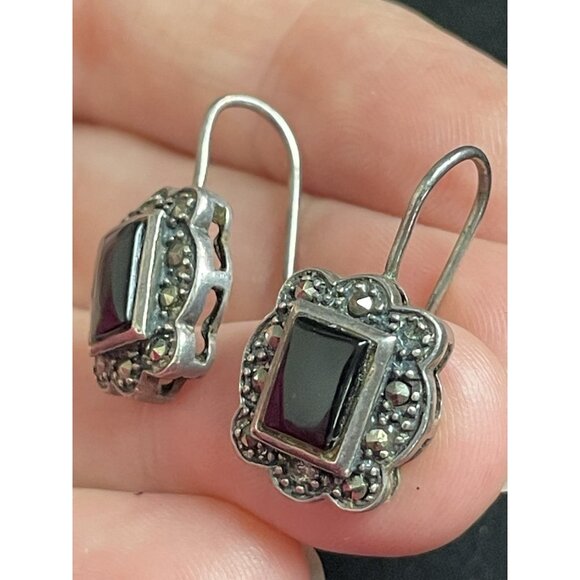 Vintage Sterling Silver 925 Onyx Marcasite Hook Earrings Signed DBJ - Picture 7 of 9